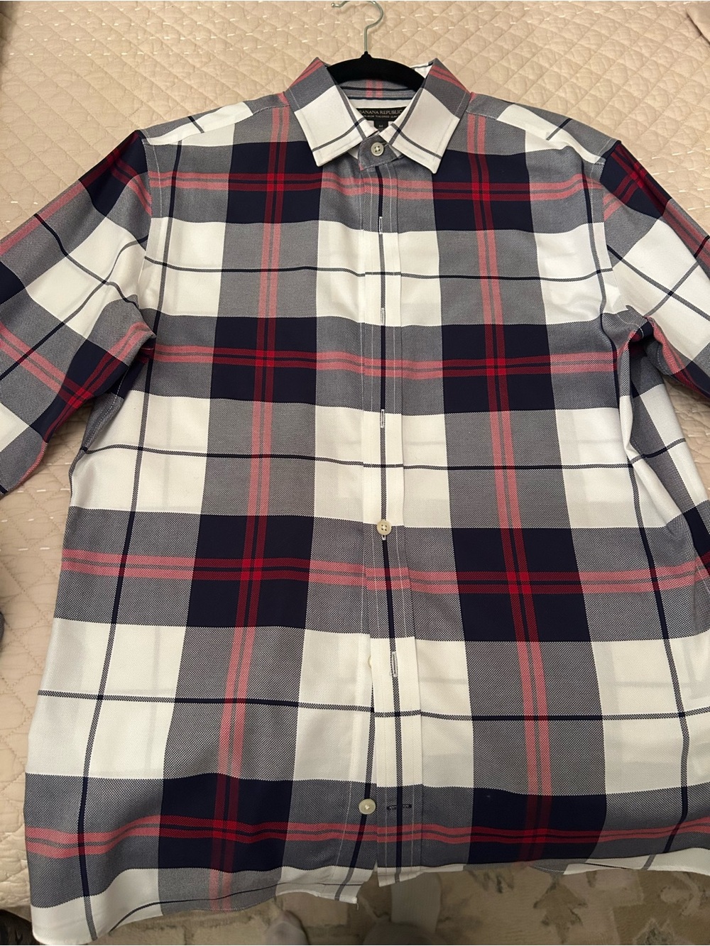 Banana Republic White Plaid Button-Down Shirt with Navy & Red Checks